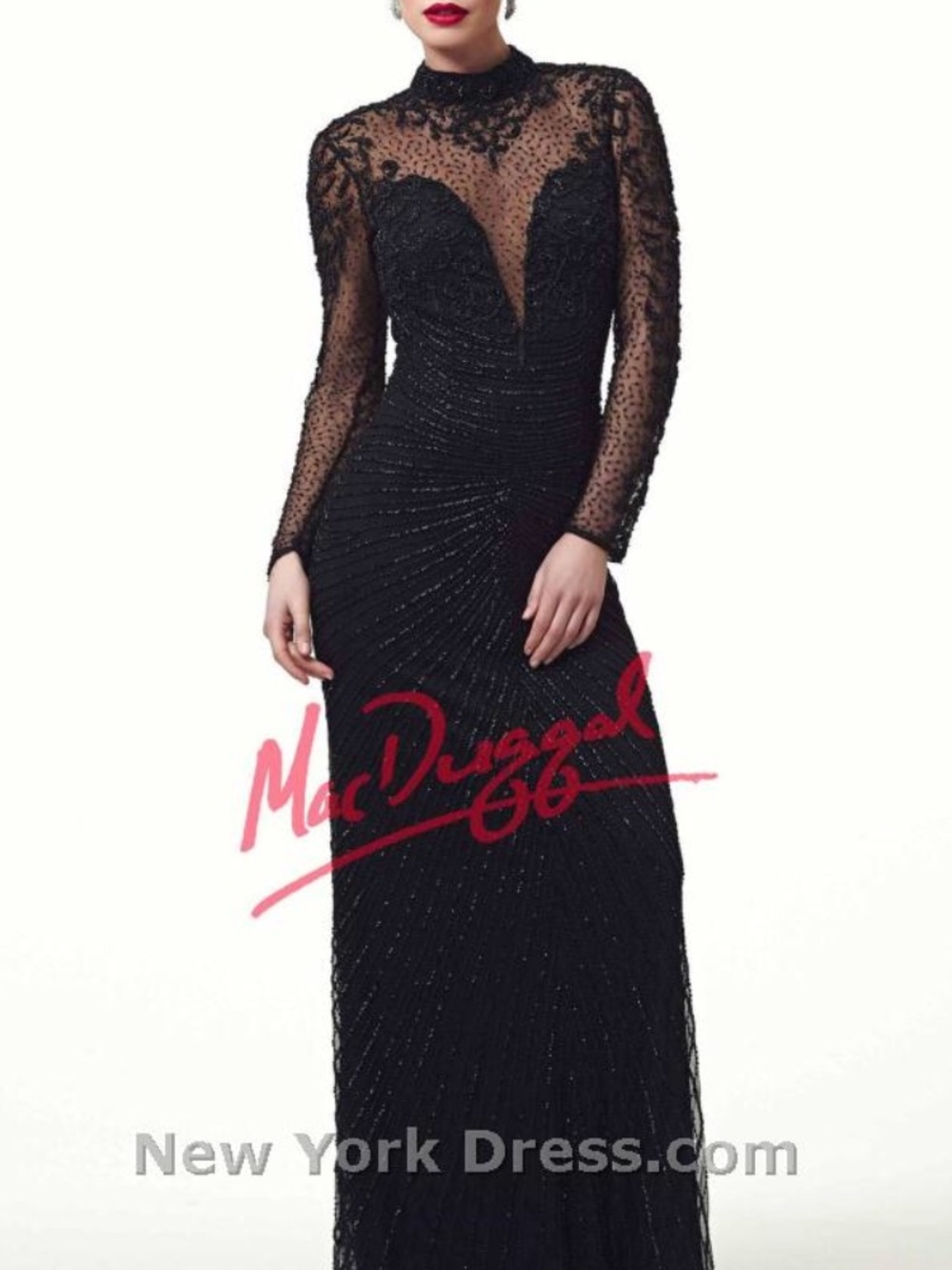 Mac Duggal Black Lace Long-Sleeve Beaded Evening Gown